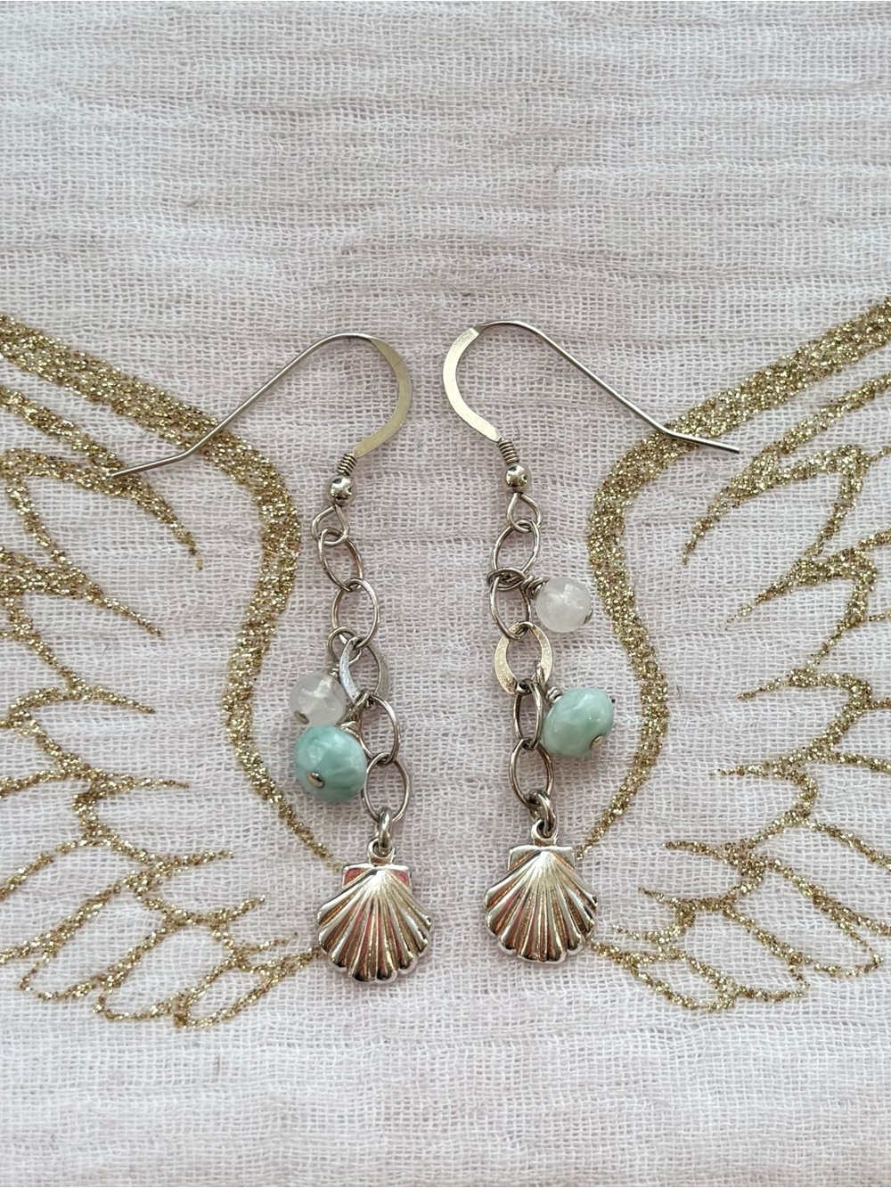 Sterling Silver Shell Dangle Earrings with Larimar & Moonstone Beads